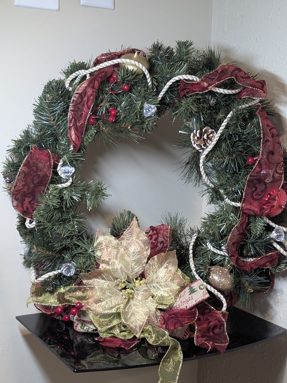 Holiday Pine Wreath with Burgundy Ribbon and Gold Poinsettia